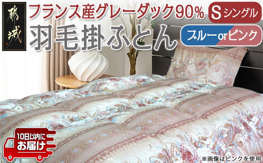 
            【選べる2色】羽毛掛ふとん フランス産グレーダック90%(ブルーまたはピンク)【S】≪みやこんじょ特急便≫_65-E101-Q_(都城市) 掛布団シングル 150×210cm 側生地 60サテン綿100％ SEKアレルGプラス加工 保温性 耐久性 ダウンボール大 日本製 寝具
          
