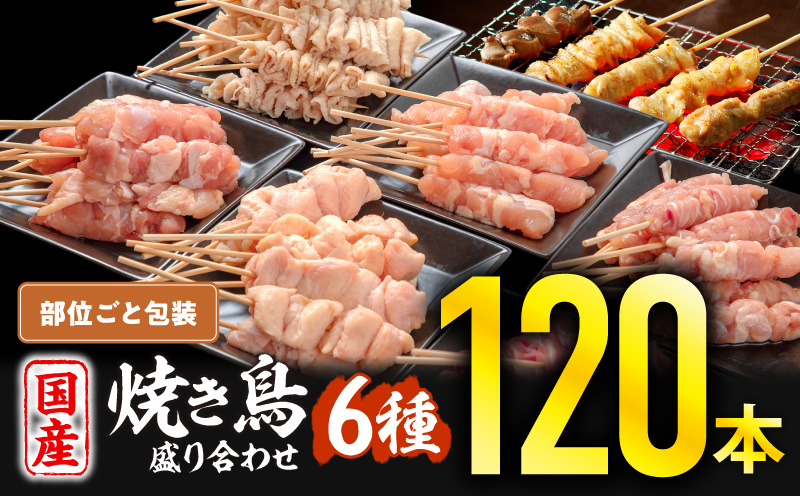 若鶏の焼き鳥セット6種(120本)盛り合わせ 焼き鳥 もも串 皮串 砂肝 カタ肉 ぼんじり せせり 冷凍 鶏 とり肉_M146-001-01