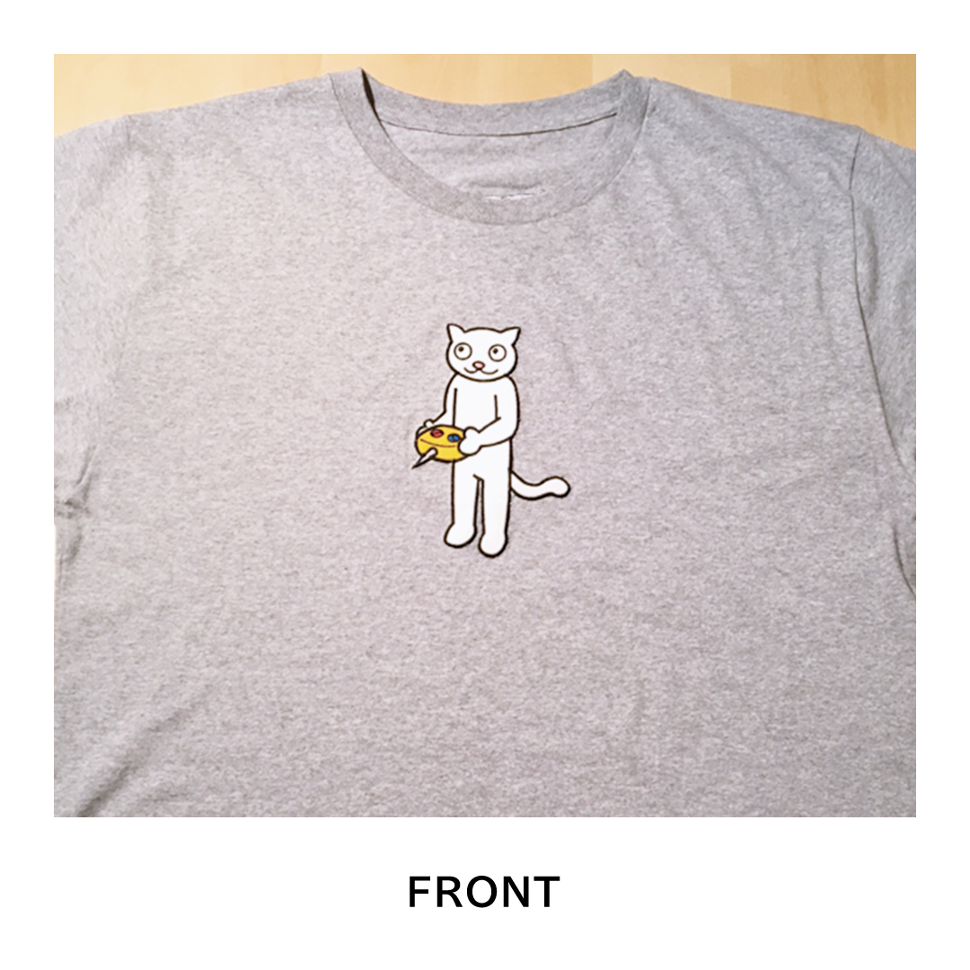 「 ギャラリーおたさく 」 おたさく Tシャツ ドローン 男女兼用 XLサイズ / グレー 名画 キャラクター グッズ 猫 ねこ 絵画 絵画 かいが 猫絵 半袖 カジュアル キュート かわいい 男女兼