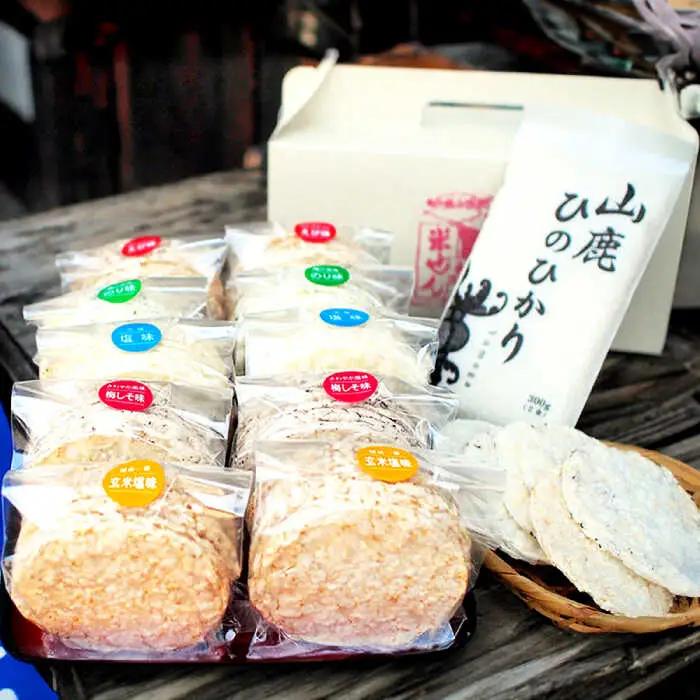 【6回定期便】【こだわり抜いた厳選素材】米せんべい（えび味、のり味、元祖塩味、玄米塩味、梅しそ味） &amp; ヒノヒカリ のセット 【せんべい工房】[ZBQ004]