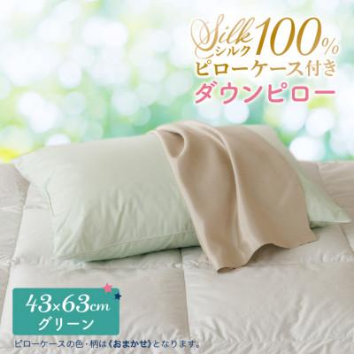 ふるさと納税 花巻市 シルクピローケース付き ダウンピロー[ふつうサイズ:43×63cm・グリーン]羽毛枕 | 