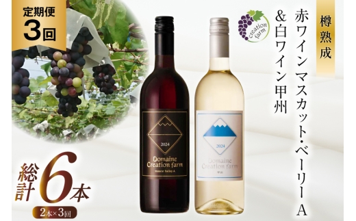 ワイン 3回 定期便 赤 赤ワイン マスカット・ベーリーA 白ワイン 甲州 各750ml 計2本 1500ml [creation farm 山梨県 韮崎市 20745499] 山梨ワイン 果実酒 飲み比べ ワインセット ぶどう ブドウ マスカット 山梨 国産 酒 パーティー 赤白飲み比べ セット 小さなワイナリー 自社農園 ぶどう ドメーヌ