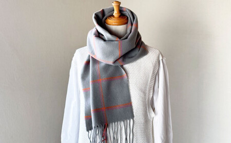 日本製 カシミヤ100% ウィンドウチェック柄カシミヤマフラー GYグレー／オレンジ RF621 | マフラー チェック ウィンドウチェック カシミヤ