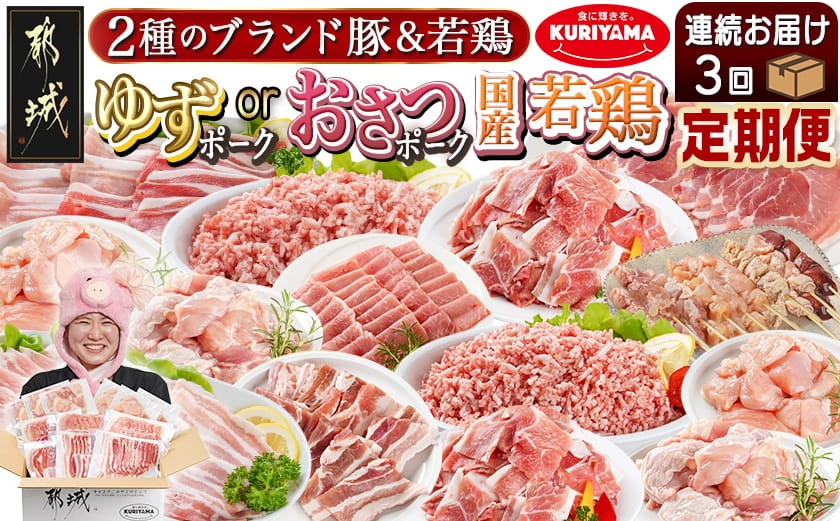 
                  ≪3回連続お届け≫「おさつポーク又はゆずポーク」&鶏バラエティ定期便_T54-3-1401_(都城市) 豚肉 おさつポーク ゆずポーク 国産若鶏 鶏肉 冷凍 3カ月毎月届く 定期便 栗山ノーサン
                