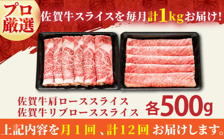 【全12回定期便】佐賀牛 スライス 1.0kg（肩ロース・リブロース 各500g）【田中畜産牛肉店】黒毛和牛 しゃぶしゃぶ すき焼き[HBH091] 佐賀牛 牛肉 リブロース 佐賀牛 牛肉 肩ロース 