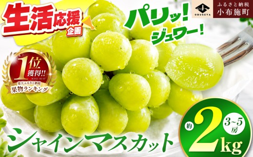 先行受付 シャインマスカット 約2kg 3～5房 ［小布施屋］ フルーツ 果物 くだもの ぶどう 葡萄 ブドウ 数量限定 クール便配送 長野県産 産地直送 先行予約 送料無料  2026年発送 令和8年産 【2026年9月20日頃～11月上旬にかけて順次発送】[B-4]