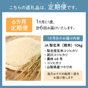 【令和7年度米】【6ヶ月定期便】JA梨北米（精米）10kg おまかせ銘柄 梨北信玄米コシヒカリ 武川コシヒカリ 農林48号 コシヒカリ 山梨県産 つやひめ 甘み 粘り 山梨最大の米処 北杜市武川町産 
