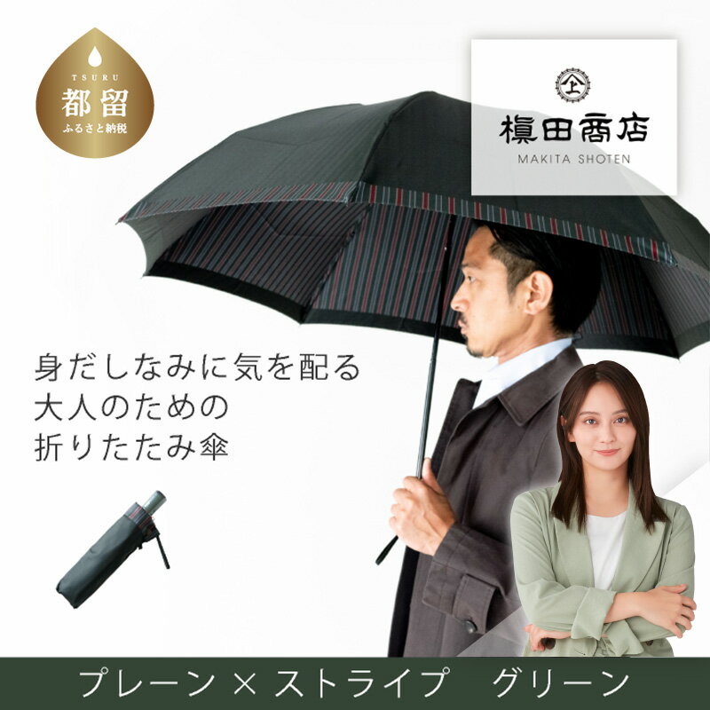 【ふるさと納税】【槙田商店】紳士折たたみ傘　Tie Plain×Stripe　GREEN　|傘　国産 日本製 ギフト 贈り物 父の日 母の日 敬老の日 記念日 誕生日　送料無料　おしゃれ