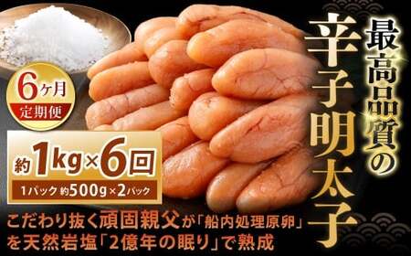 【6カ月定期便】 こだわり抜く頑固親父が「船内処理原卵」を天然岩塩「2億年の眠り」で熟成させた最高品質の辛子明太子 約1kg（約500g×2パック）×6回 計約6kg 辛子明太子 辛子めんたいこ 明太子