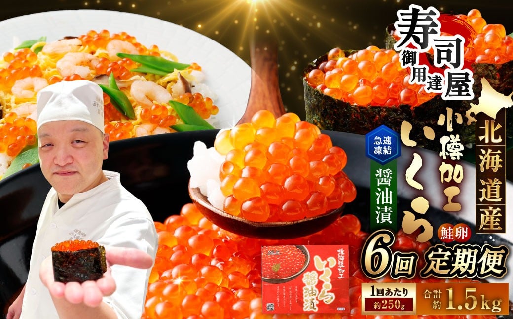 
            【6回定期便】 北海道加工 いくら醤油漬 約250g（1パック）×6回 計約1.5kg いくら醤油漬け いくら イクラ 醤油漬 醤油漬け 冷凍
          