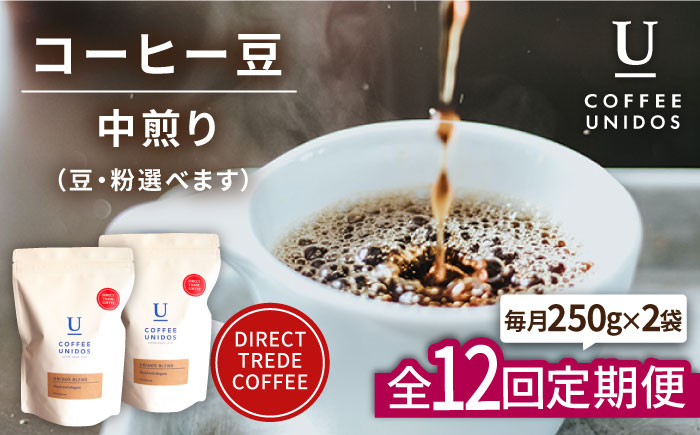 
【全12回定期便】中煎り コーヒー 豆 ウニドスブレンド 250g × 2袋 ( 豆 ・ 粉 選べます ) 糸島市 / COFFEE UNIDOS [AQF023]
