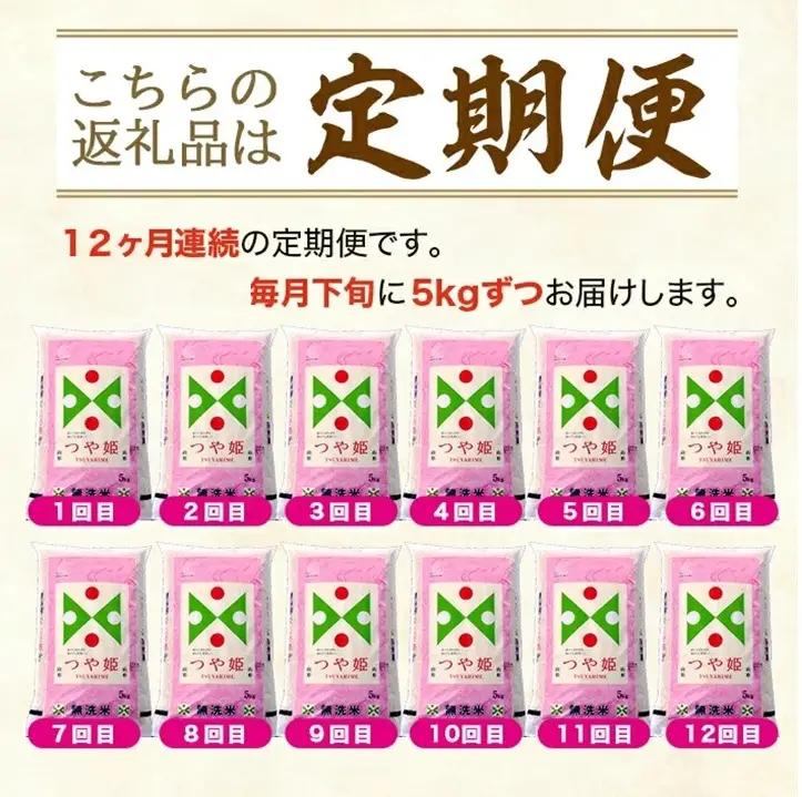 SR0010　8月下旬発送開始／【12回定期便】無洗米 特別栽培米つや姫　5kg×12回(計60kg) TO