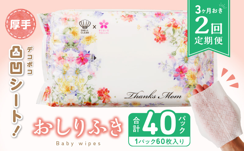 【ふるさと納税】定期便 2回 おしりふき 20パック 1袋 60枚入り 厚手 凸凹シート 使用 水分たっぷり 純水 99％ ボタニカルモチーフ ウェットティッシュ 無香料 無添加 衛生用品 新生児 赤