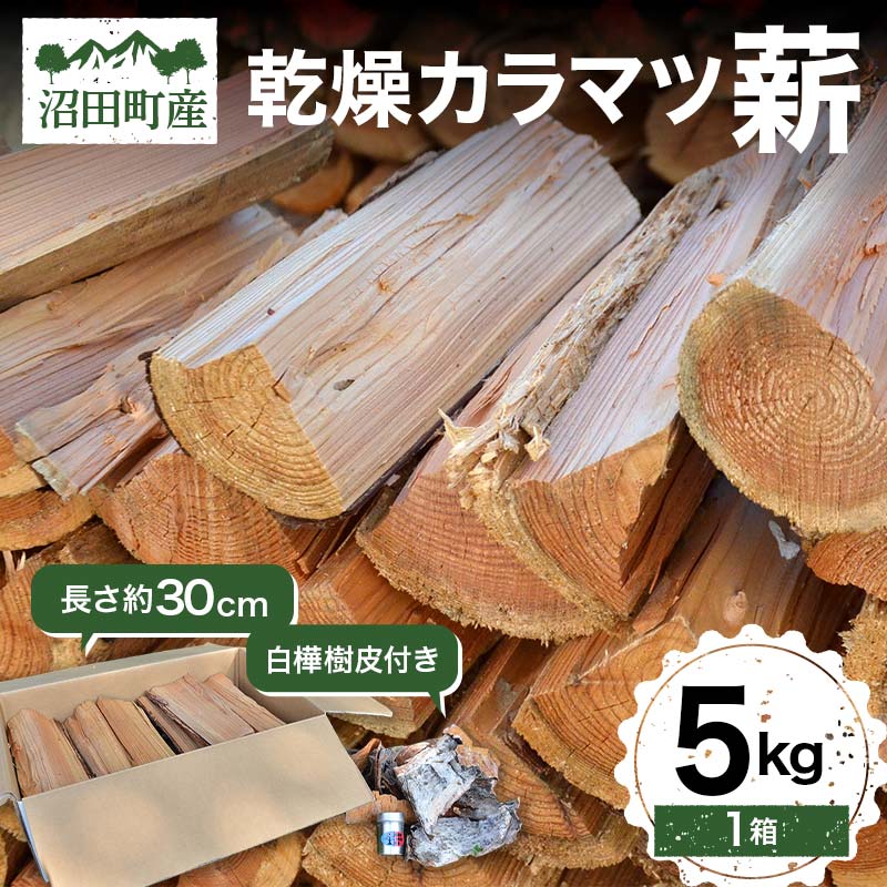 【ふるさと納税】乾燥 カラマツ 薪 長さ約30cm 白樺樹皮付き 5kg アウトドア キャンプ 日用品 焚き木 薪ストーブ 乾燥薪 薪 薪割り BBQ バーベキュー ソロキャンプ キャンプファイヤー 暖炉 石窯 燃料 SNS インスタ 沼田町産