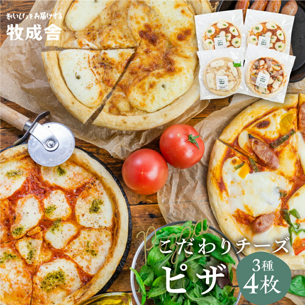 【ふるさと納税】自家製チーズたっぷりピザ4枚セット 3枚セット (直径24cm) ピザ マルゲリータ・洋風トマト味・和風山椒味 パーティー 自家製チーズ 冷凍 惣菜 常備 パーティー 福袋 日時指定可能 飛騨市 [Q1642] 牧成舎 ギフト 贈答