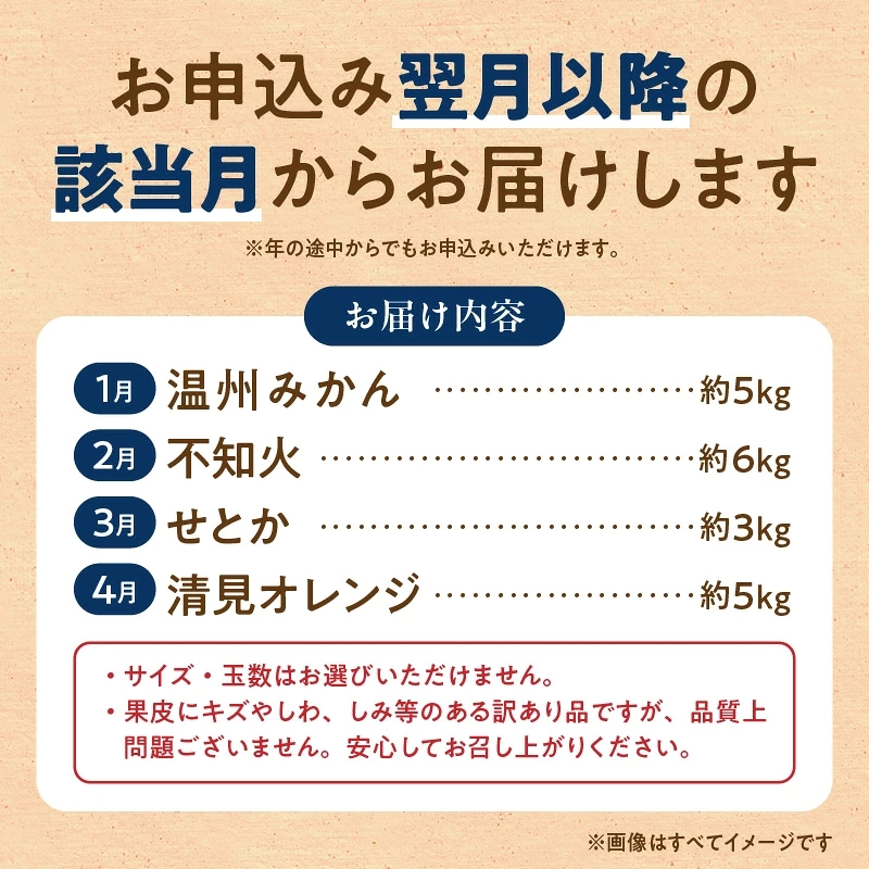 【発送月固定定期便】紀州和歌山産旬のご家庭用柑橘セット(みかん・不知火・せとか・清見)全4回 _G70-T01
