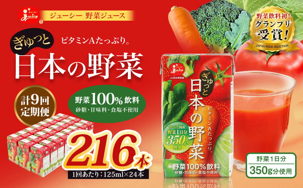 【9回定期便】ジューシー 野菜ジュース ぎゅっと日本の野菜100％ 125ml×24本