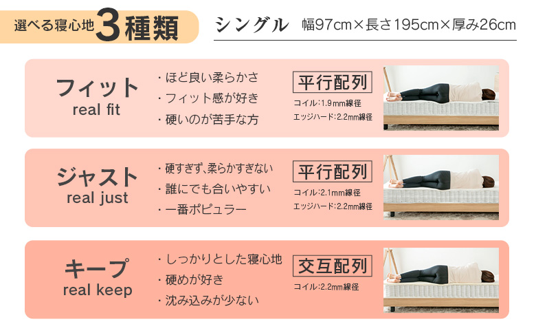 マットレス シングル 咲夜レアル 源ベッド ポケットコイル 6.7インチ 選べる3種の寝心地 圧縮梱包 両面仕様 シングル（幅97x長さ195x厚み26cm）