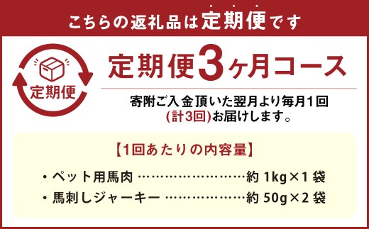 【3回定期便】 ペット用 馬肉 約1kg（1袋）＋馬刺しジャーキー 約100g（約50g×2袋） 約1.1kg×3回 計約3.3kg ジャーキー 馬刺し 馬刺 馬 お肉 肉 ペットフード おやつ ごは