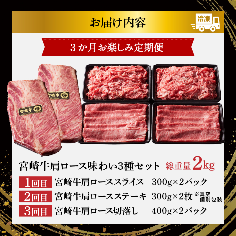 3か月お楽しみ定期便『宮崎牛肩ロース味わい3種セット』総重量2kg_T009-001【肉 牛 牛肉 焼肉 国産 人気 ギフト おかず 食品 お肉 BBQ すき焼き 贈り物 送料無料 プレゼント】