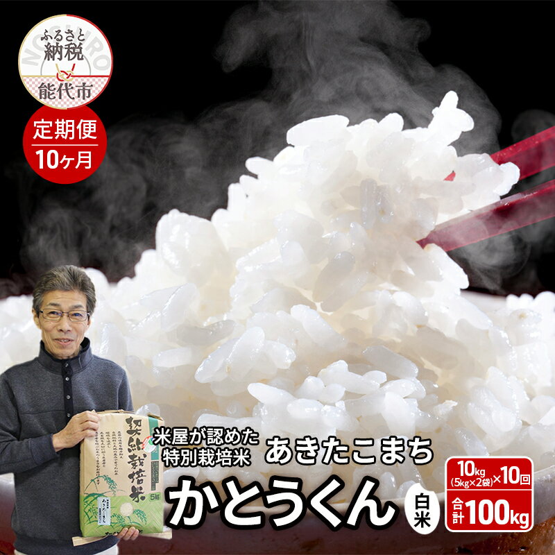 【ふるさと納税】《定期便10ヶ月》【令和7年産】【白米】特別栽培米 秋田県産 あきたこまち 米屋が認めたお米 「かとうくん」10kg（5kg×2袋）×10回 合計100kg　お届け：2025年12月中旬頃より順次出荷予定