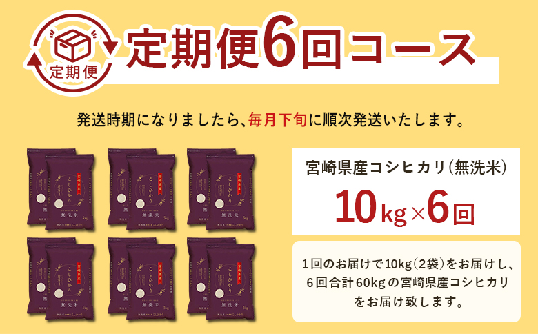 【6か月定期便】無洗米 ＜チャック付＞ 新米 国産 令和8年産 こしひかり コシヒカリ 10kg×6回 宮崎県産 お米 白米 おすすめ 簡単 ご飯 弁当 精米 おにぎり