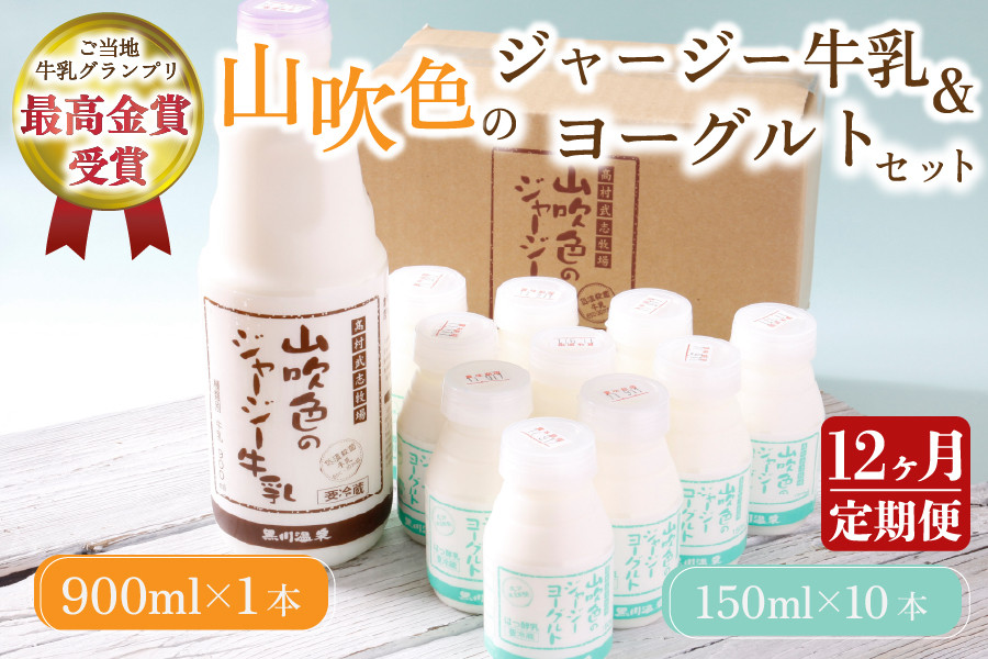 【最高金賞】黒川温泉発 山吹色のジャージー牛乳＆ヨーグルトセット １２ヶ月定期便 黒川温泉 山吹色のジャージー牛乳 飲むヨーグルト 2種 11本 ジャージー牛乳 900ml のむヨーグルト 150ml 詰め合わせ アソート セット 乳製品 飲料 健康 腸活 免疫力アップ 乳酸菌 ご当地牛乳グランプリ ご当地 ギフト 贈答用 山のいぶき 熊本 阿蘇 南小国町 送料無料