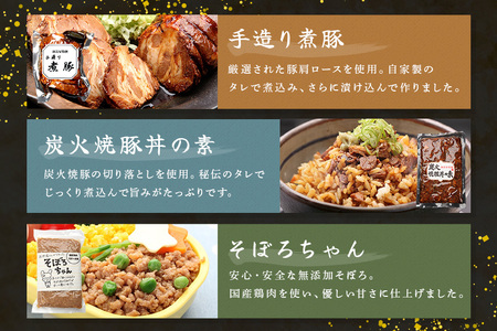 焼豚 便利！使い切りセット 炭火焼豚・煮豚・炭火焼豚丼の素・そぼろちゃん ハーフサイズ