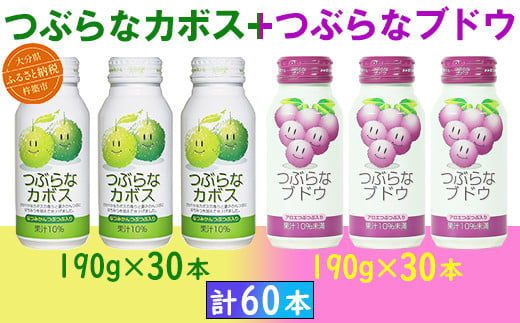 つぶらなカボス30本＋つぶらなブドウ30本（計60本・各1ケース）190g ／ つぶらな つぶらなカボス つぶらなブドウ ジュース 2ケース かぼすドリンク 清涼飲料水 人気 子供 おすすめ 果汁飲料 ご当地ジュース かぼす ぶどう ぶどうジュース 飲料 60本 飲み比べ 詰めあわせ ギフト プレゼント セット 贈答 家庭用 JAフーズおおいた ＜131-204_6＞