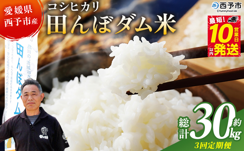 ＜令和8年産 愛媛県西予市産 コシヒカリ 田んぼダム米 10kg 3回定期便＞ ※最短10営業日以内に第1回目を出荷予定 10キロ こしひかり 西予応援米 宇和米 お米 コメ こめ 白米 精米 米 国