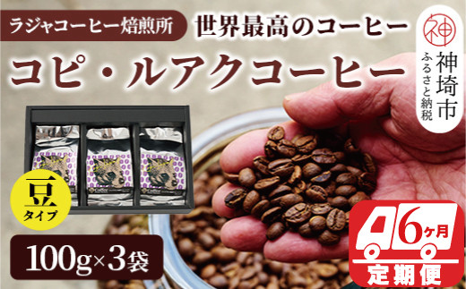 
ジャコウネコ珈琲　コピ・ルアク 100g×3袋 合計300g【6回定期便】【最高級豆 幻のコーヒー】(H070108)
