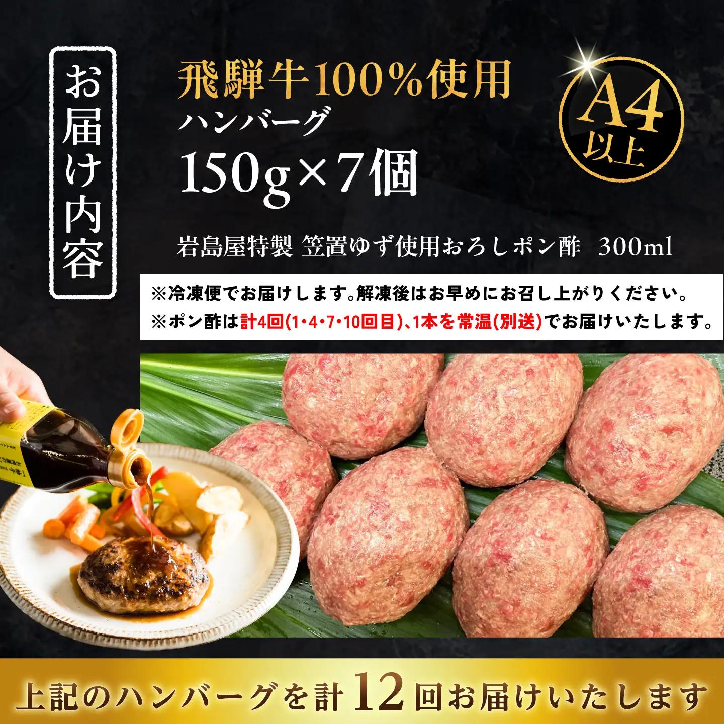 【12回定期便】 飛騨牛100% ハンバーグ7個 A5,A4ランク 特製笠置ゆず使用おろしポン酢付 / 恵那市 / 岩島屋 [AUAJ044]