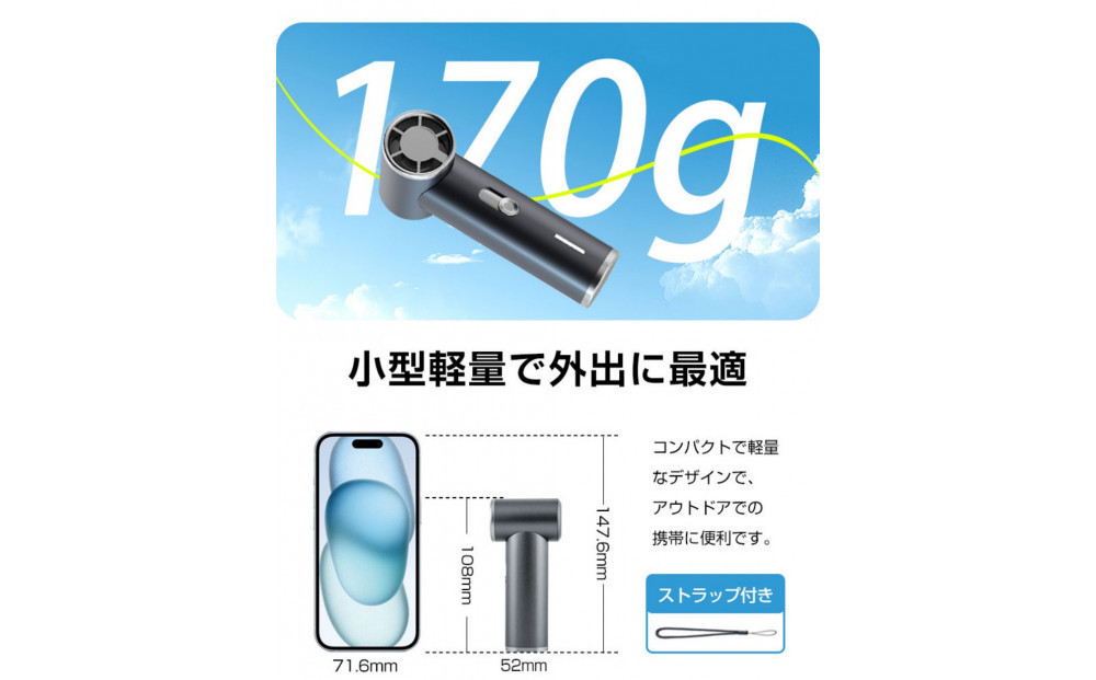 【グレー】ミニポータブルファン 手持ちターボ扇風機 3段階風量 2026夏 卓上 ポータブル扇風機 4000mAh 14.8Wh 大容量 type-c充電式 モバイルバッテリー iPhone/スマホ充
