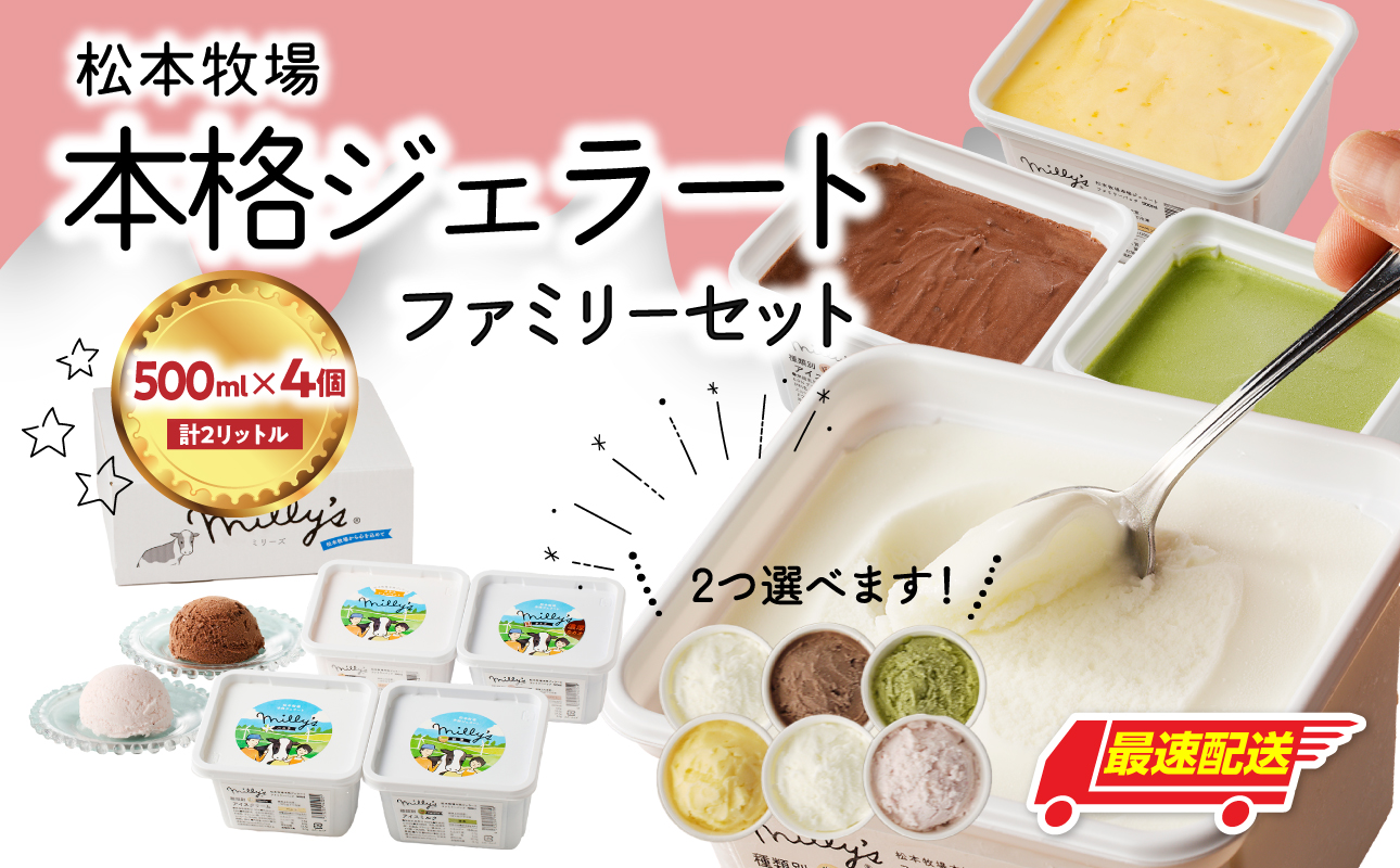 【お好みのフレーバー選べます！】松本牧場　本格ジェラートファミリーセット（500ｍｌ×4個　計2リットル）