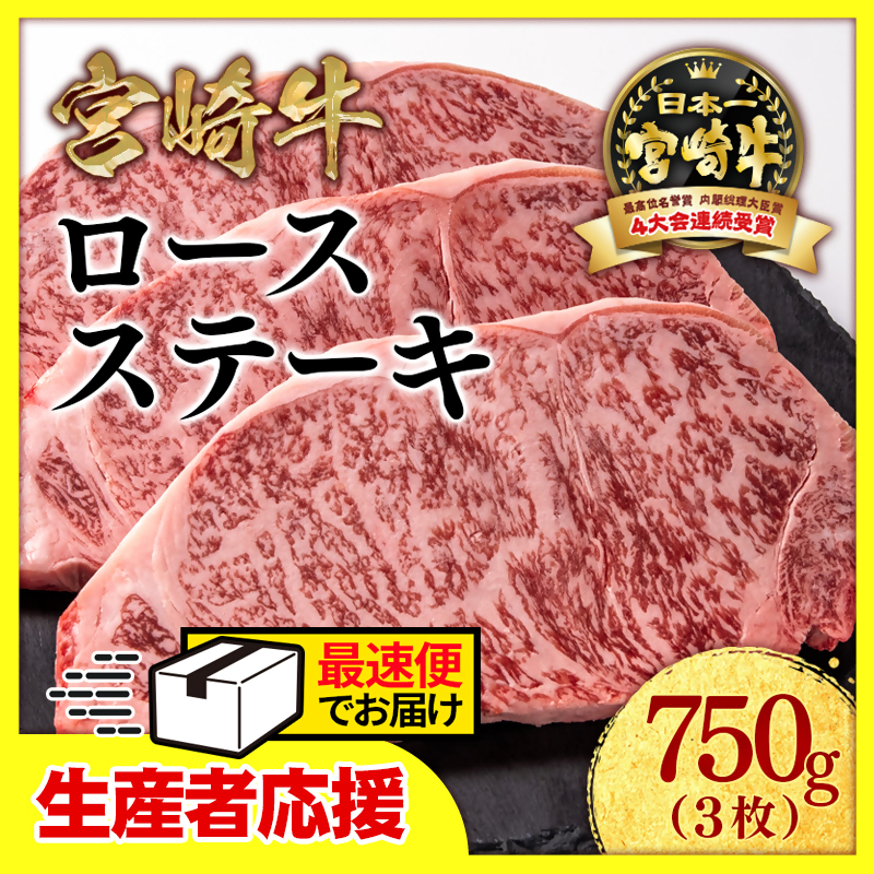 【生産者応援】宮崎牛ロースステーキ3枚（250ｇ×3枚）内閣総理大臣賞４連続受賞 4等級以上〈2.2-14〉ミヤチク 牛肉 ステーキ 黒毛和牛