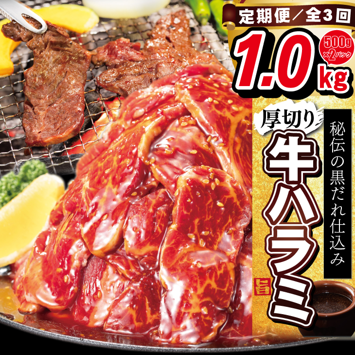 【定期便3ヶ月】厚切り牛ハラミ 1kg (500ｇ×2パック) 【2427】