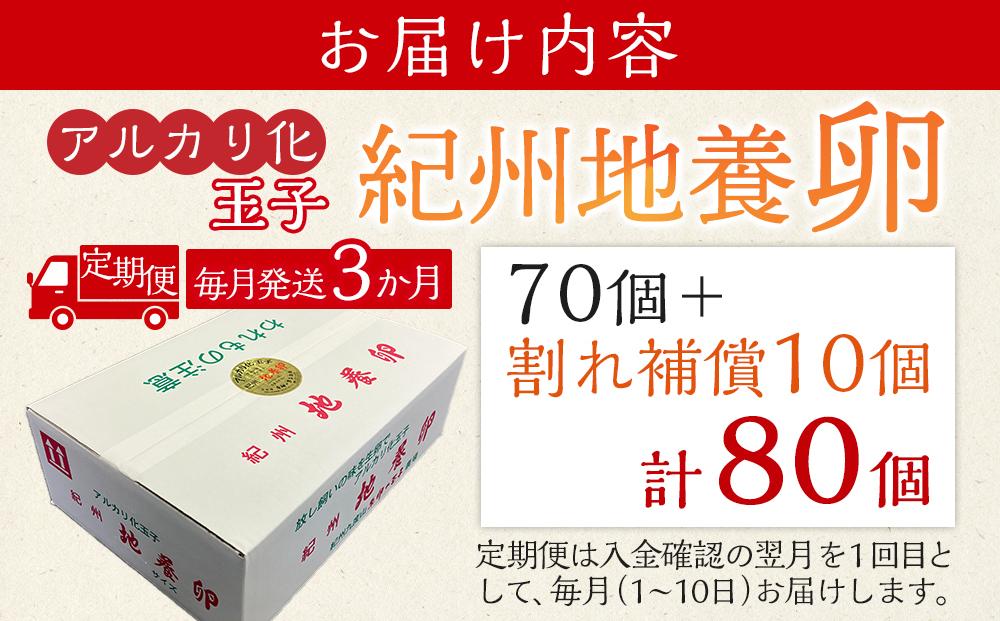 【定期便 毎月発送 全3回】 アルカリ化 玉子 紀州地養卵 合計 80個入 (70個＋割れ補償分10個）× 3回　卵 たまご 玉子 タマゴ 鶏卵 まとめ買い オムレツ 卵かけご飯 朝食 業務用
