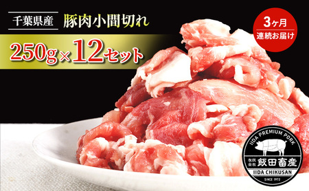 豚肉 千葉県産 小間切れ 飯田プレミアムポーク 豚肉【3kg(250g×12)】【定期便3ヶ月】【冷凍】