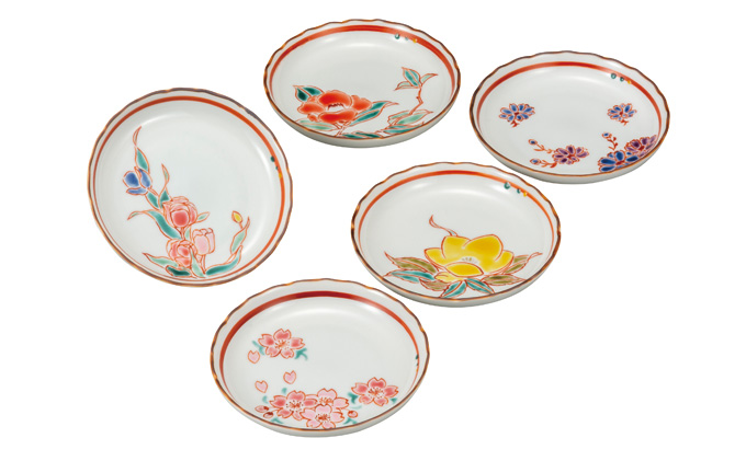 九谷焼　4.5号皿揃　草花絵変り （5枚セット）a01 食器 キッチン雑貨 キッチンアイテム 雑貨 小物 お皿 丸皿 食卓 テーブルコーディネート 