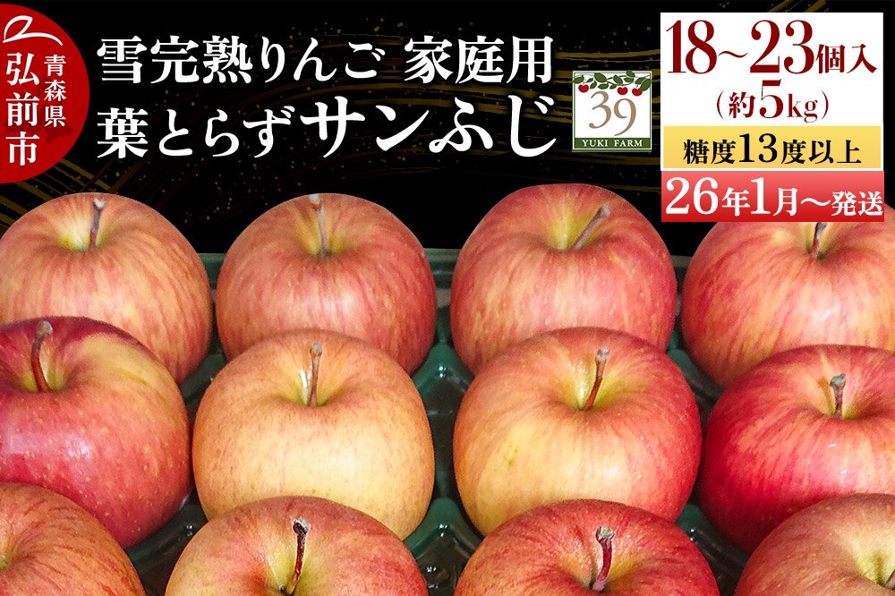 りんご 【 数量限定 】雪完熟 自然 葉とらず 糖度13度以上 家庭用 サンふじ 約 5kg 18～23個