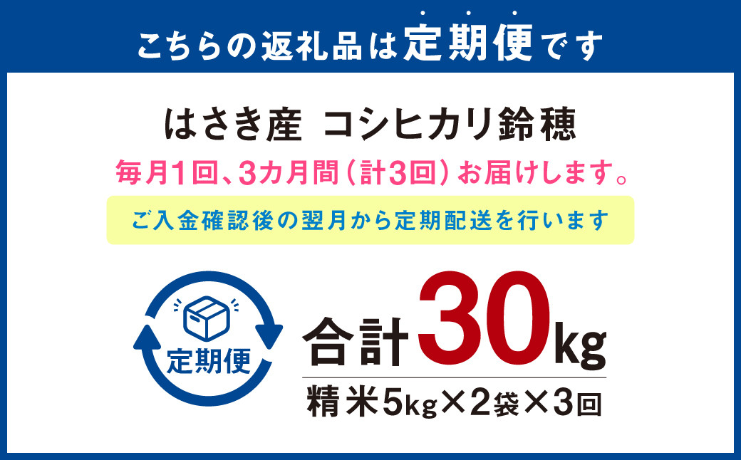 AT-24 【3ヶ月定期便】オリジナル ブランド米！はさき産 コシヒカリ 鈴穂 精米 10kg（5kg×2）×3回 合計30kg