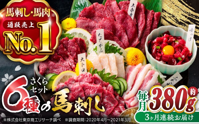 
            馬刺し 熊本 国産【3回定期便】ご家族で楽しめる「さくらセット」 計380g ばさし 食べ比べ セット 希少部位 上赤身 霜降り 大トロ フタエゴ たてがみ ロース 馬刺しユッケ タレ付き 専用醤油付き 馬刺し 冷凍 おつまみ 晩酌【株式会社  利他フーズ】[ZBK013]
          