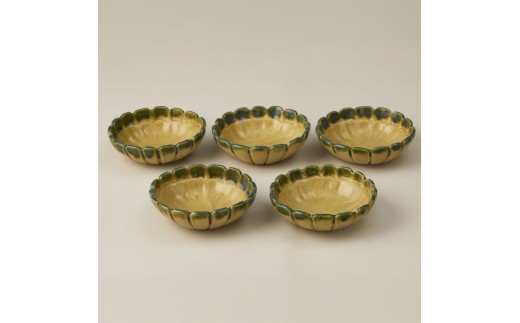 黄瀬戸おりべ向付五客　作者：加藤　裕子 【0032-105】 陶芸品 陶芸品 ギフト プレゼント 雑貨 食器