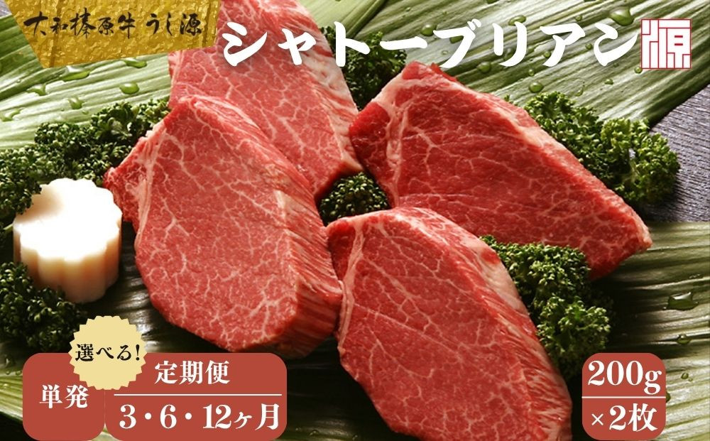 
            ＜選べる!! 単発 / 定期便3・6・12ヶ月＞(冷凍) シャトーブリアン 200g×2枚  ／A5 ギフト 部位 牛肉 黒毛和牛 和牛 焼肉 ステーキ 父の日 母の日 お中元 暑中見舞い お土産 内祝い 正月 奈良県 宇陀市 うし源本店 大和榛原牛
          