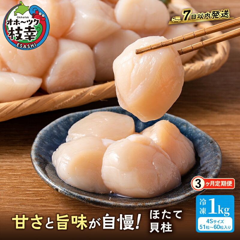 【ふるさと納税】全3回 定期便 プロも認めるオホーツクブランド「枝幸ほたて」冷凍貝柱1kg （4Sサイズ：51粒～60粒）枝幸漁協 【 刺身 魚介 帆立 超目玉 魚貝類 貝類 海の幸 枝幸産 つまみ 肴 お酒のお供 お酒のあて 北海道 オホーツク 枝幸 】