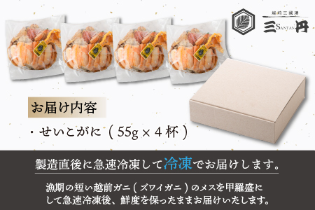 【先行予約】セイコ蟹の甲羅盛りセット 55g × 4パック 約220g 濃厚な内子と外子、カニ味噌を贅沢に甲羅盛りでお届け！甲羅酒にも【冷凍 小分け 三国 坂井市 せいこがに セイコガニ ズワイガニ 