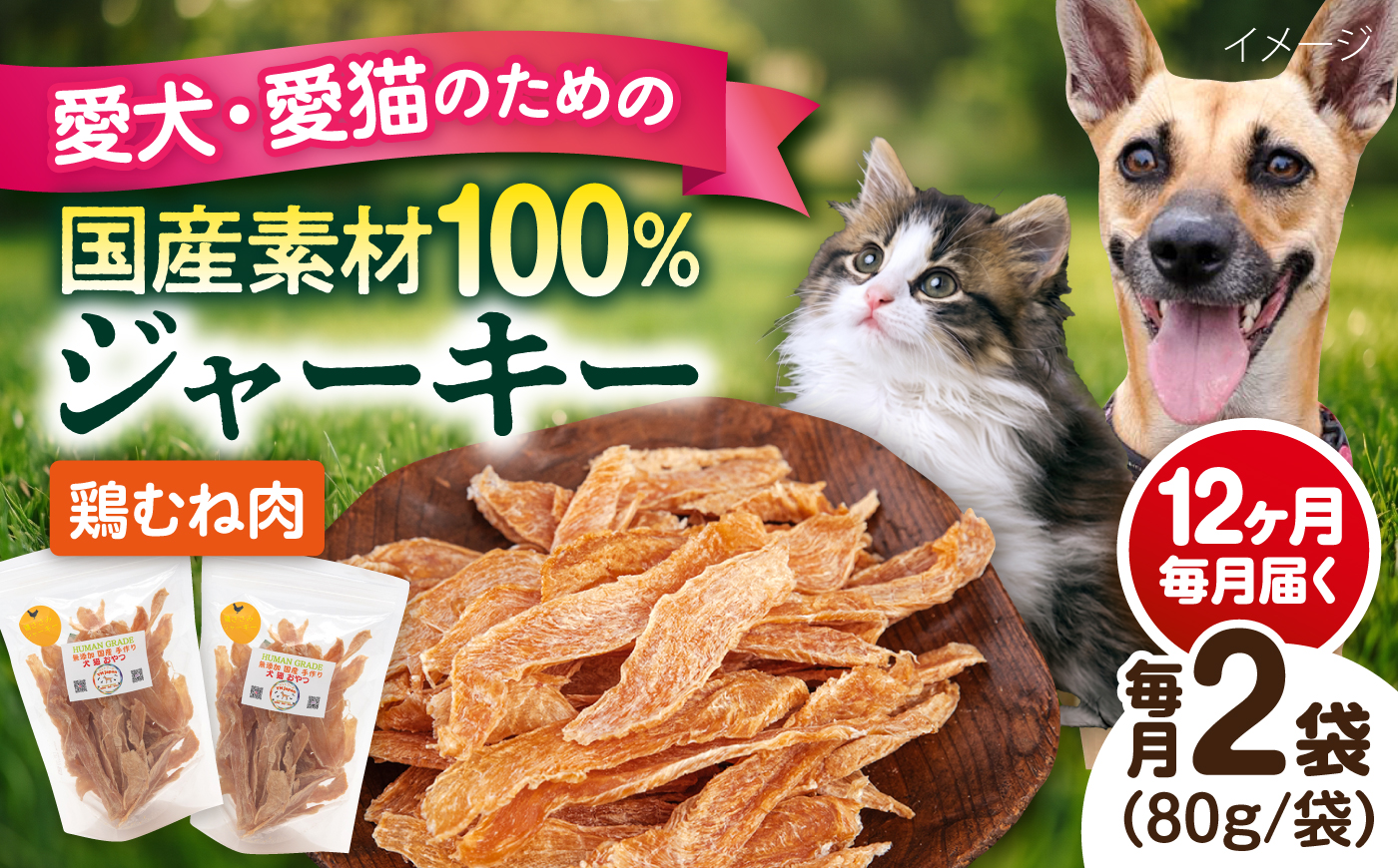 【全12回定期便】国産 鶏むね肉ジャーキー（80g×2袋）【ペットフードYM japan】 [AKEX038]