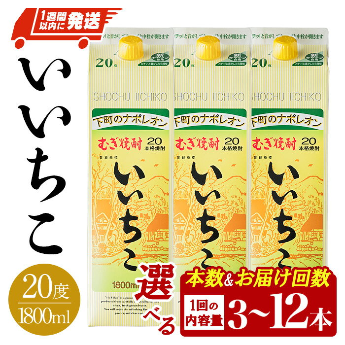 いいちこパック20度 1800ml 12本 焼酎 麦焼酎 紙パック お酒 アルコール 本格焼酎 家飲み お湯割り 水割り 炭酸割り ロック ハイボール いいちこ 三和酒類 日本一 大分県 宇佐市 【スピード発送】送料無料