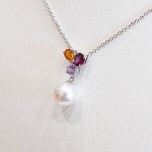S101-398_あこや真珠 天草 ネックレス 9mm - 9.5mm ホワイトピンク 真珠 (半貴石 シトリン ロードライトガーネット ライトアメジスト)