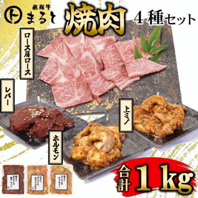 【飛騨牛】焼肉4種セットA-4　ロース・肩ロースと味付けホルモンなど　合計1kg【配送不可地域：離島】